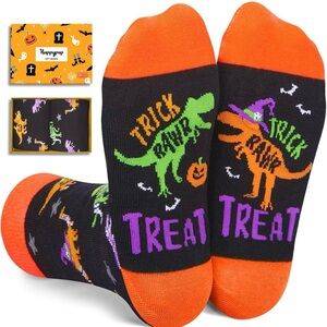 (6) Unisex Halloween Dinosaur Socks - Black and Orange. Set of 6 pairs.